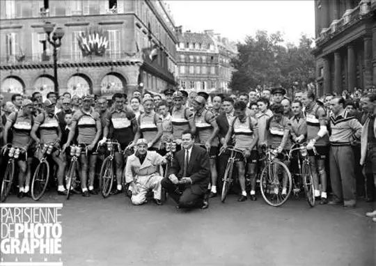 Orson Welles at Tour de France start, 1950