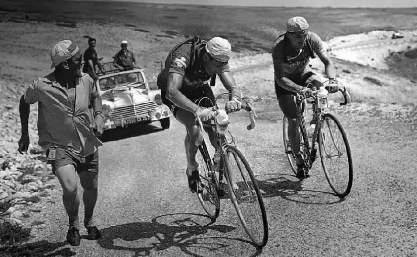 Ferdi Kübler climbing Mont Ventoux, Tour de France 1955.