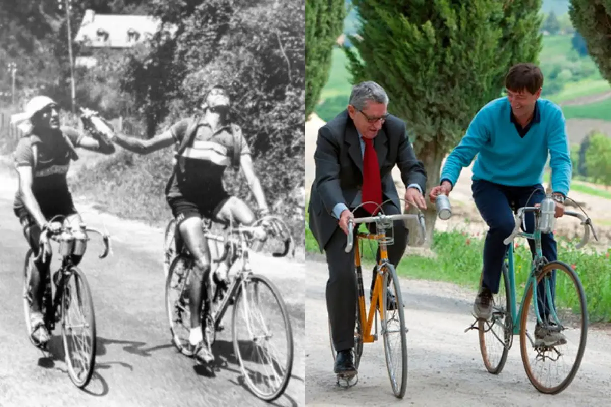 Reproduction of the famous bottle photo of Coppi and Bartali