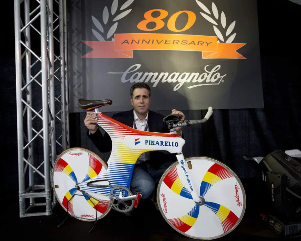 Miguel Indurain with his old Pinarello Espada (Pinarello Sword) at the Campagnolo 80th Anniversary event