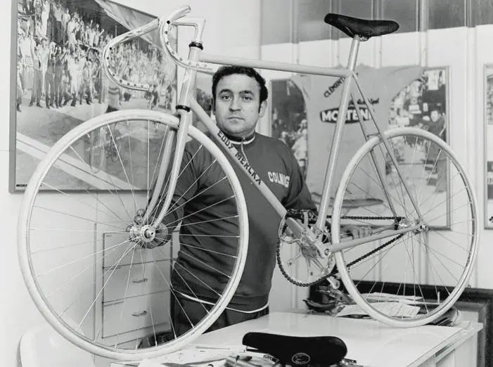 Ernesto Colnago with Eddy Merckx's Hour Record bike