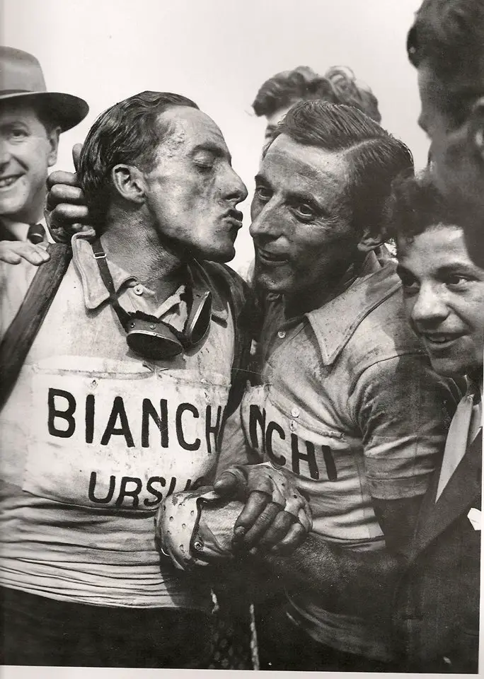 Serse Coppi kisses Fausto Coppi after the Paris-Roubaix 1949 edition