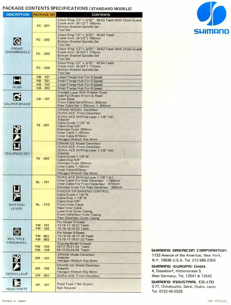 Shimano Dura-Ace 1973 Package Contents Specifications