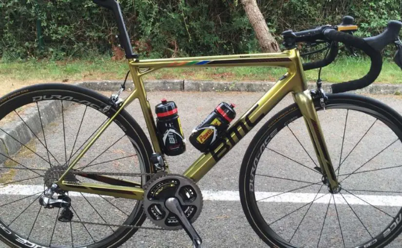 Greg Van Avermaet's golden painted BMC Teammachine SLR01 bike