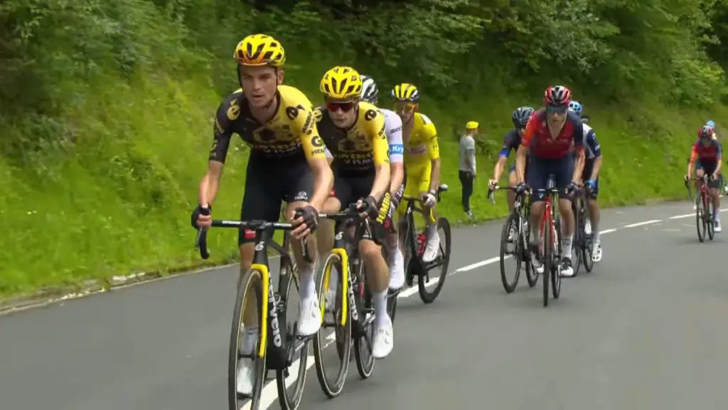 Sepp Kuss, a key domestique from Team Jumbo-Visma, powerfully leading the way for his team leader, Jonas Vingegaard, during the challenging Stage 5 of the Tour de France 2023.