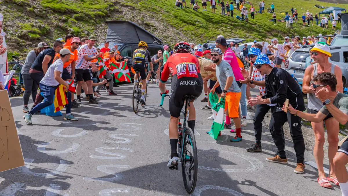 Matis Louvel climbing the road to Col du Tourmalet in Pyrenees mountains during stage 6 of the Tour de France 2023