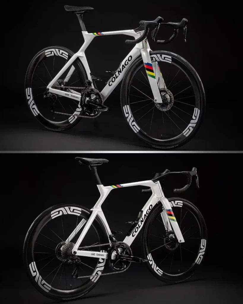 This stunning Colnago Y1R is a special edition designed for Tadej Pogačar, adorned with the iconic UCI World Champion's rainbow stripes