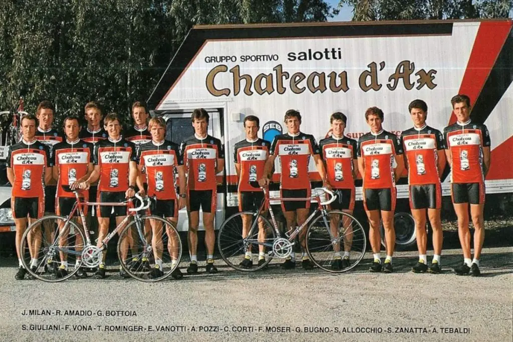 1989 Chateau d'Ax-Salotti cycling team. (Promotional poster for Chateau d'Ax-Salotti cycling team, purchased from eBay, scanned by author.)