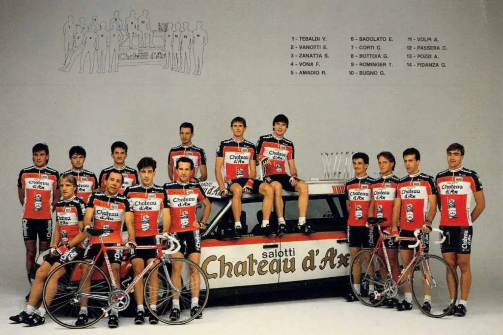 1989 Chateau d'Ax-Salotti cycling team. (Promotional poster for Chateau d'Ax-Salotti cycling team, purchased from eBay, scanned by author.)