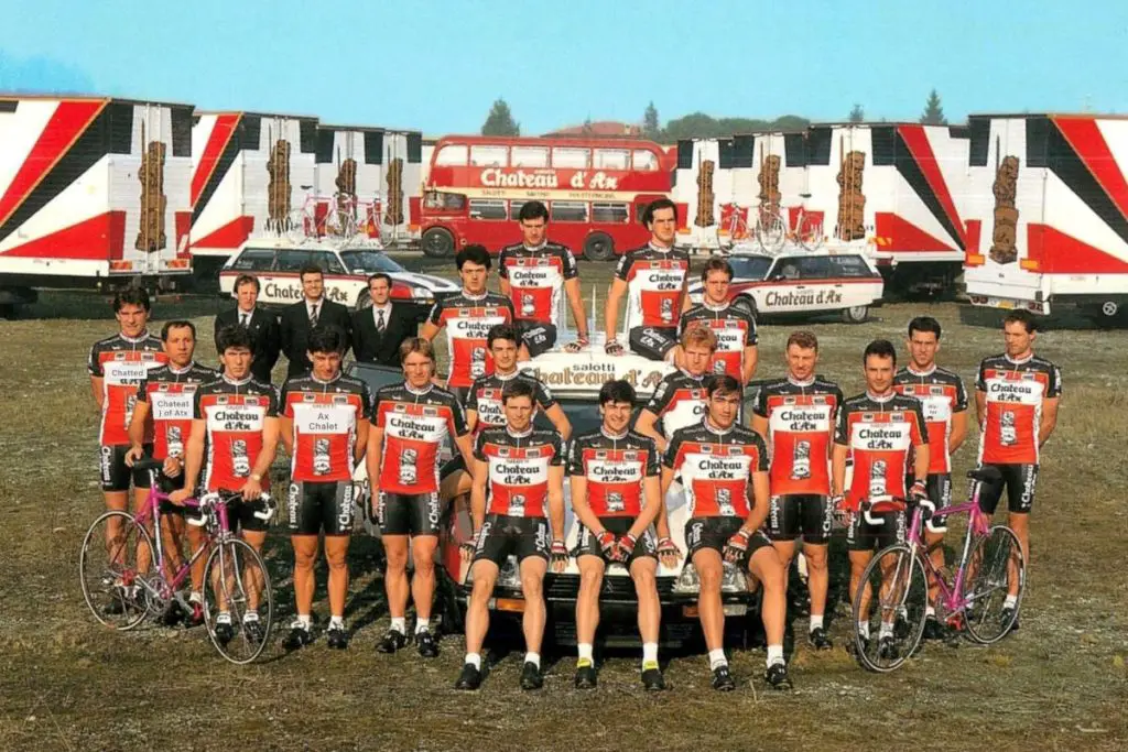 1990 Chateau d'Ax-Salotti cycling team. (Promotional poster for Chateau d'Ax-Salotti cycling team, purchased from eBay, scanned by author.)
