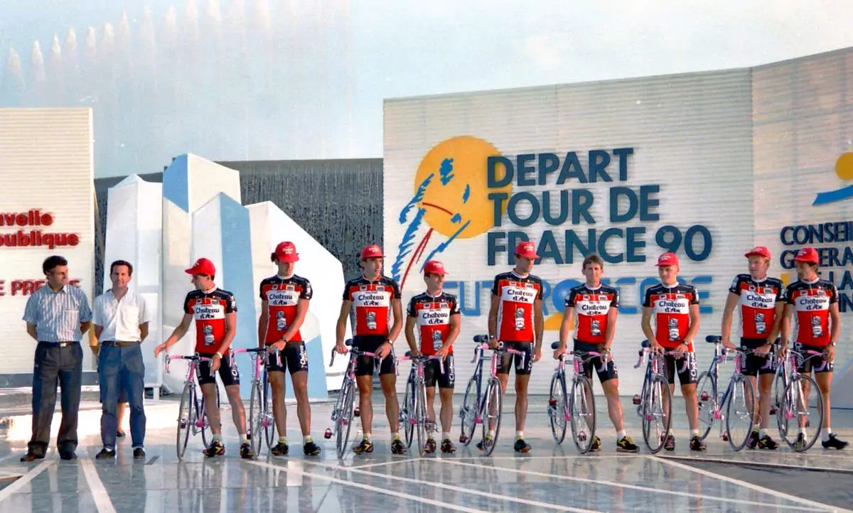 June 29, 1990 - Salotti - Chateau d'Ax Team Presentation at the Tour de France 1990. Pink and blue geometric splinter paint scheme bikes for every rider.