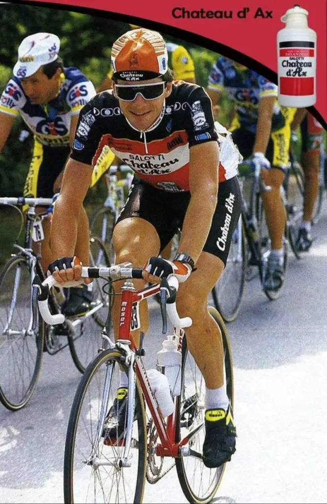 1990 dated Chateau d'Ax-Salotti promotional poster showing 1989 red and white paint scheme painted frame