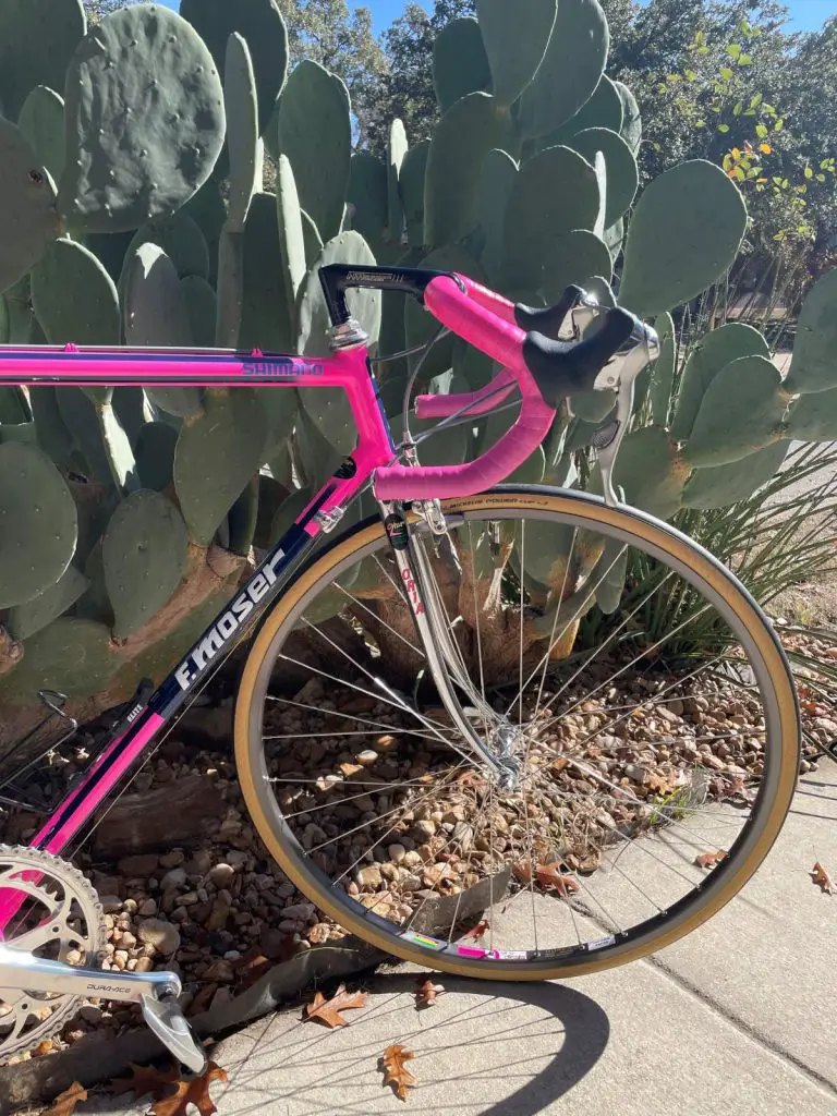 Restoration of Mauro-Antonio Santaromita's 1990 Chateau d'Ax-Salotti Race Bike: Shimano Dura-Ace, SL-7402, 8-speed SIS shifters and Ambrosio 19 Elite Durex Servizio Corse, 700C 32h, clincher front wheel