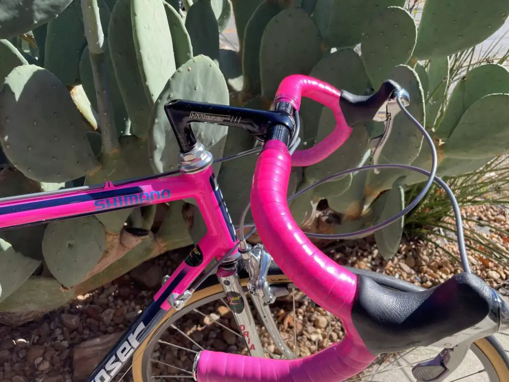 Restoration of Mauro-Antonio Santaromita's 1990 Chateau d'Ax-Salotti Race Bike: Black anodized ITM ITALMANUBRI 42 c-c handlebar and Ambrosio Moser Violet-Pink Fade, pattern F56 handlebar tape