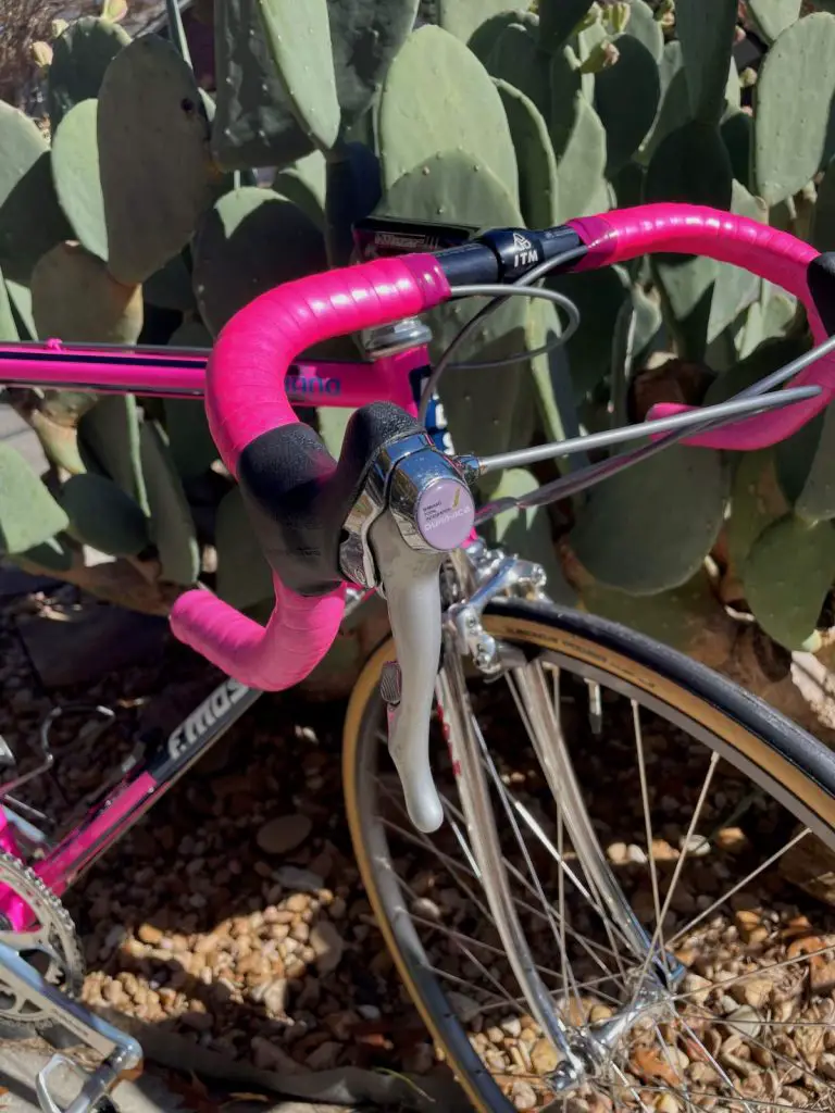 Restoration of Mauro-Antonio Santaromita's 1990 Chateau d'Ax-Salotti Race Bike: Shimano Dura-Ace, SL-7402, 8-speed SIS shifters and Ambrosio 19 Elite Durex Servizio Corse, 700C 32h, clincher front wheel